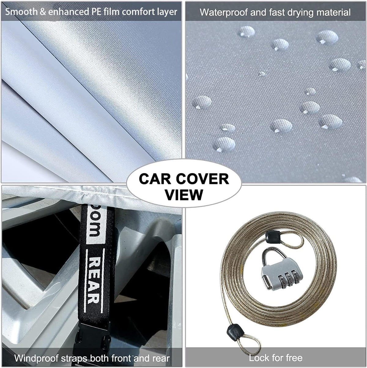 Tecoom Light Shell Waterproof UV-Proof Windproof Design Car Cover with Zipper Storage and Lock for All Weather Indoor Outdoor Fit Sedan 170-190 Inches Length