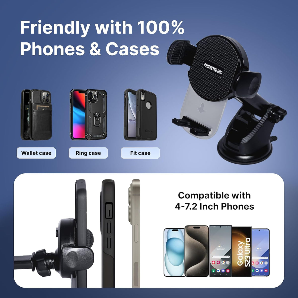 Universal-Car-Phone-Holder-Mount - Cell Phone Holder for Car, Dashboard and Windshield Mount, Air Vent car, Secure Phone Holders for Your Car, Compatible with All Smartphones