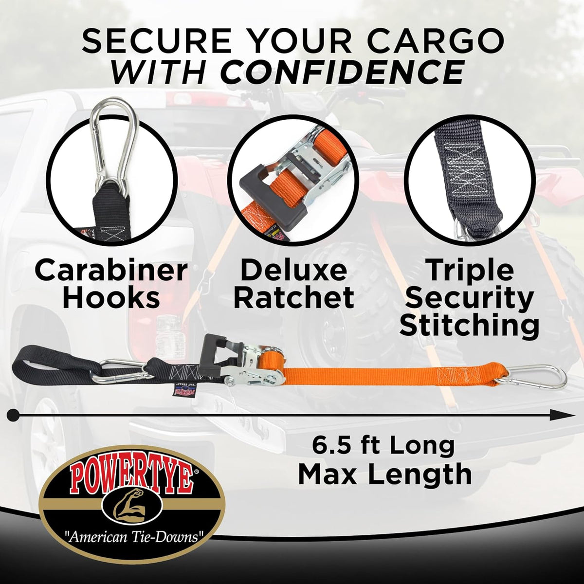 PowerTye 1.5in x 6.5ft Heavy Duty Ratchet Tie-Down Straps with Soft-Tye and Carabiner Hooks - 1,000 lb Working Load Limit / 3,000 lb Breaking Strength - Made in USA - Orange/Black Pair
