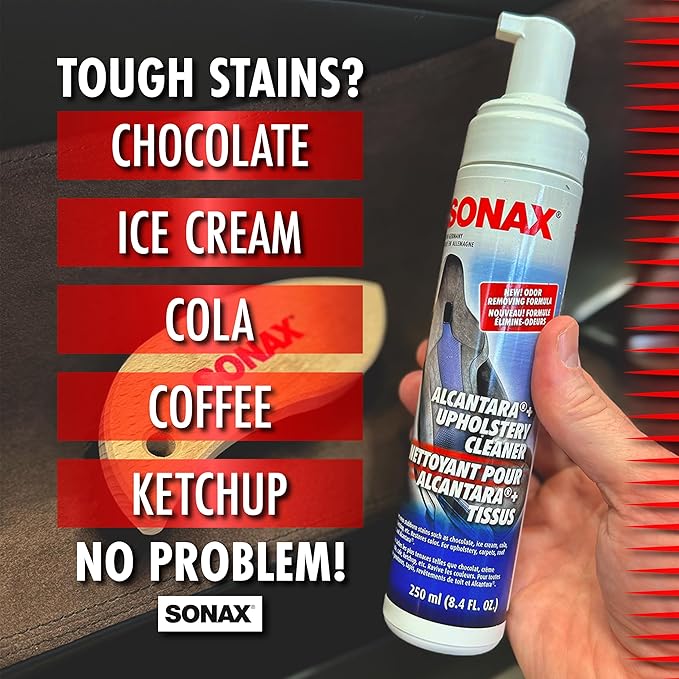 SONAX Upholstery and Alcantara Cleaner (206141), Foaming Alcantara (Synthetic Suede) Cleaning, Dirt and Grime Build-Up Cleaner for Upholstery and Alcantara, 8.45oz, 250 ml