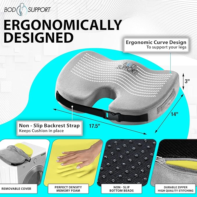 Seat Cushion with Straps - Seat Cushions for Office Chairs, Car Seat Cushion for Tailbone Pain Relief Cushion Design to Relieve Sciatica Coccyx Design from Prolonged Sitting (Grey)