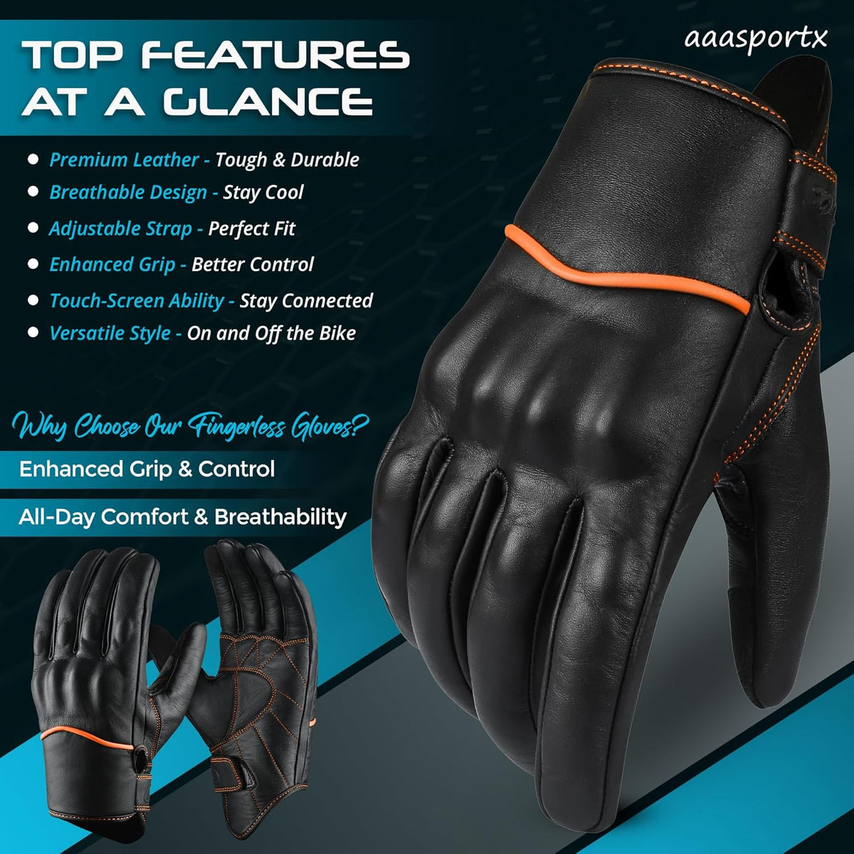 aasportx Motorcycle Gloves - Men's Leather Motorbike Gloves with Touchscreen Function - Non-Slip Pads for Men & Women