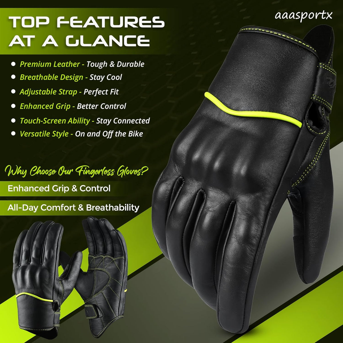 aasportx Motorcycle Gloves - Men's Leather Motorbike Gloves with Touchscreen Function - Non-Slip Pads for Men & Women