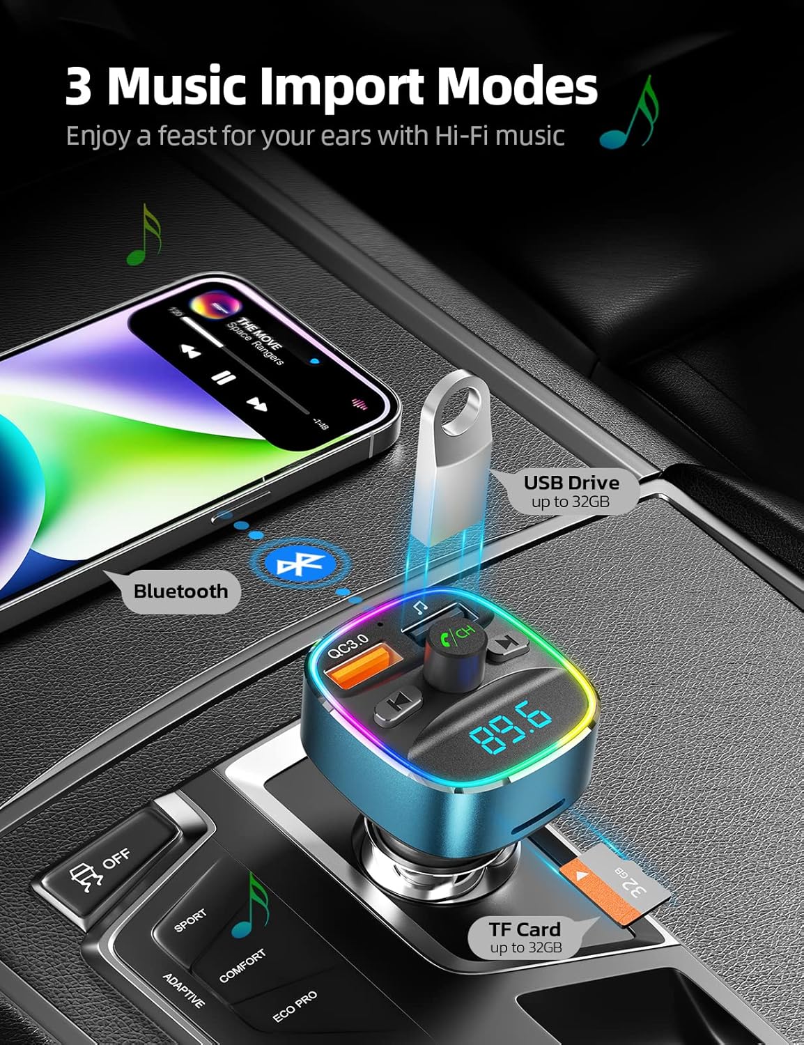 Nulaxy Bluetooth FM Transmitter, Bluetooth Car Adapter with Dual USB Charging Car Charger, MP3 Player Support, TF Card & USB Disk, Hands-Free Calling, 7 Colors LED Backlit Light-Blue