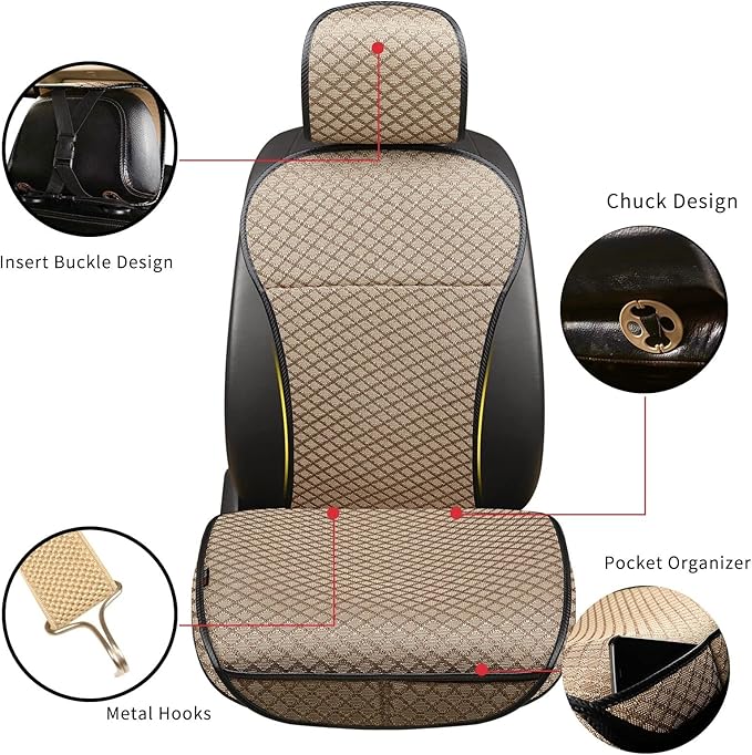 Breathable Car Seat Cover,Luxury Front Seat Cover,Durable and Non Slip,Polyester Silk Material, Universal Car Seat Cushion,Suitable for All Seasons,Airbag Compatible(Beige，2PCS)