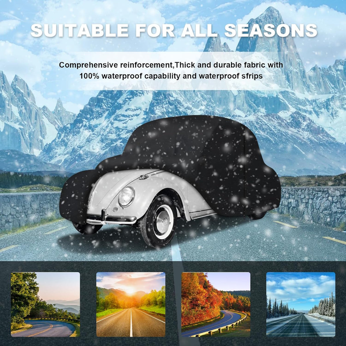 Car Cover Waterproof All Weather for 1960-1980 Beetle Sedan 2-Door Saloon Car, Heavy Duty 7 Layers Outdoor Full Cover with Door Zipper, Black