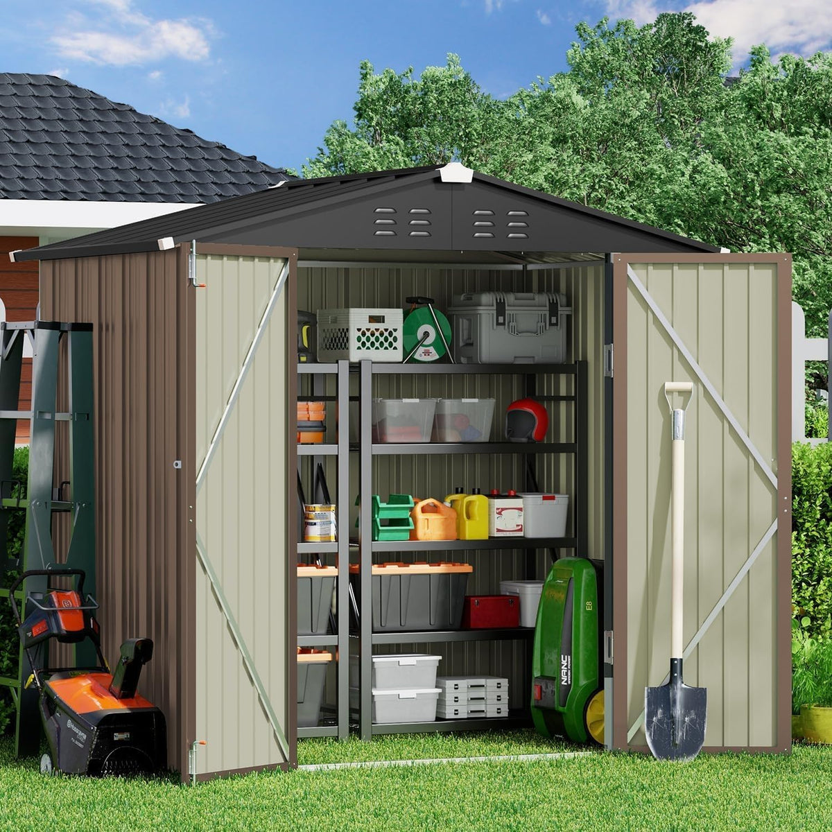 Gizoon Outdoor Storage Shed 6 x 4 FT, Galvanized Metal Garden Shed with Double Lockable Doors, Outdoor Storage Clearance for Backyard Patio Lawn-Light Brown
