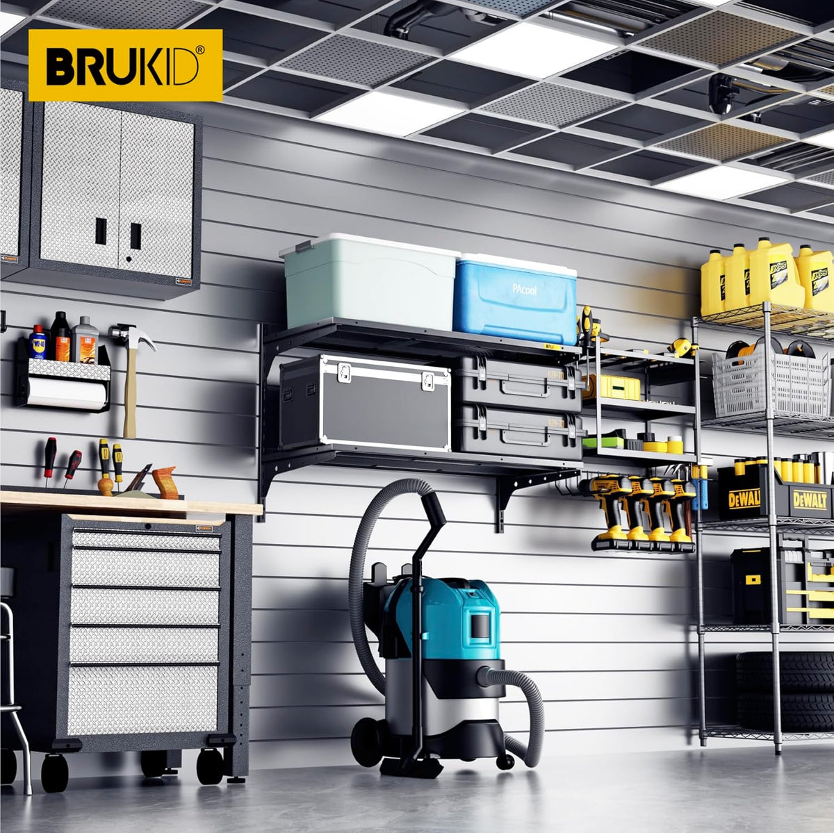 2 Tier 1.3x3ft Garage Shelving Wall Mounted, 400 lbs Load Capacity,15.6x36inch per Shelf Height Cassette Adjustable Floating Shelves(Black)