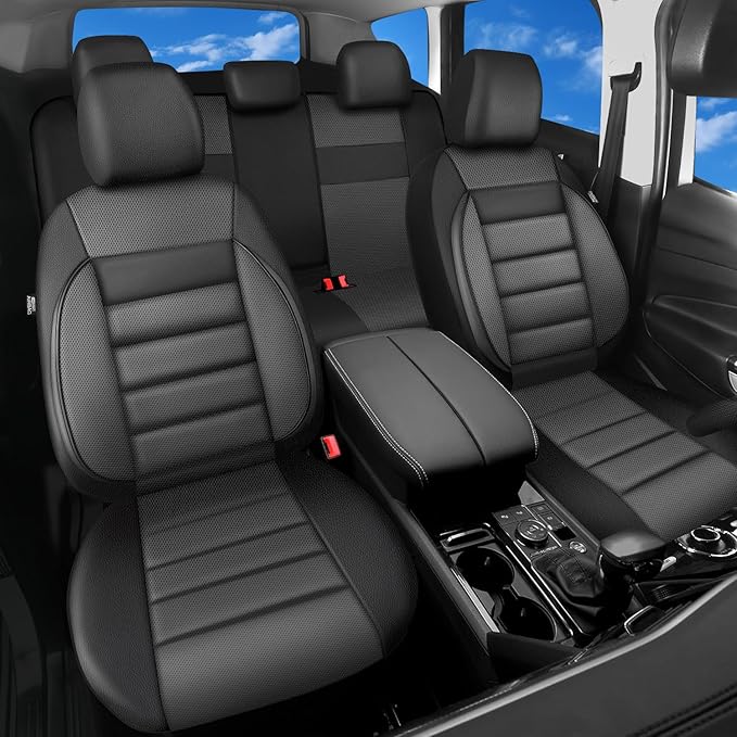 CAR PASS Leather Seat Covers Full Set Universal Water Resistant 3D Foam Back Support, Luxury Comfort Automotive 5 Seat Covers All Season Fit for SUV,Sedan,Van, Airbag Compatible Elegance(Gray Black)