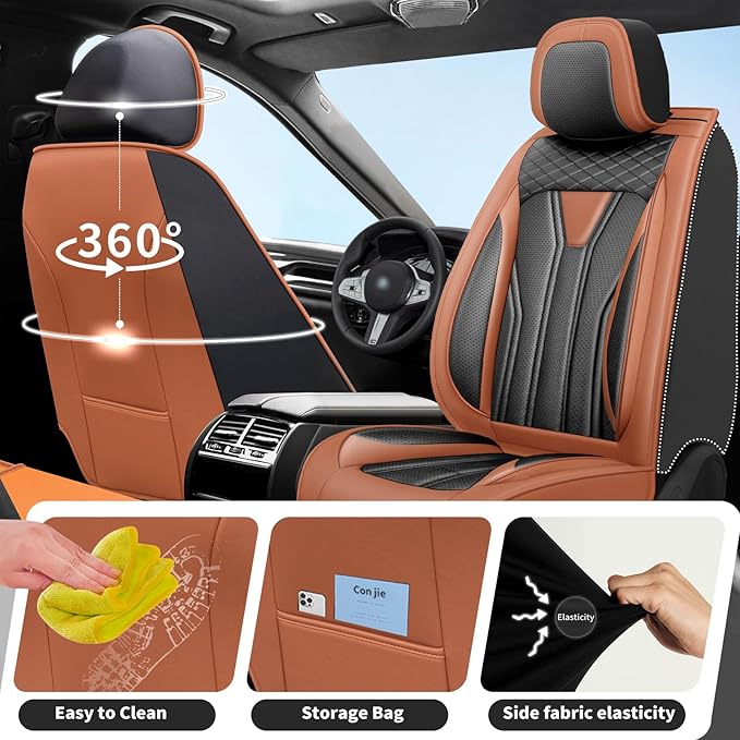 Fit Versa Car Seat Covers Compatible with Nissan Versa 2008-2025 2026 - Premium Leather， Waterproof Breathable， All-Weather Seat Cushion Protecto&Airbag Compatible (2 Front Seat Brown&Black)