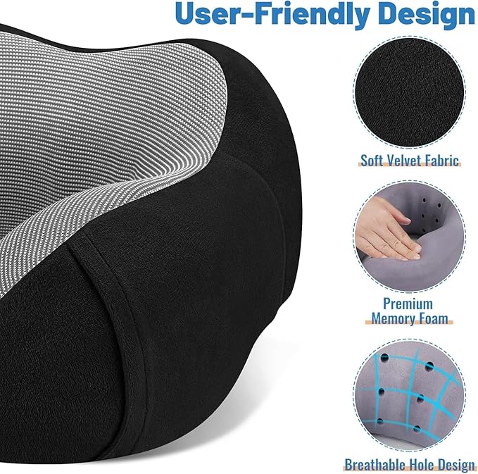 CloudBliss Travel Pillow Premium Memory Foam, Comfortable & Supportive Neck Pillow, Sleeping Neck Pillows for Travel, Airplane Pillow for Sleeping Airplane, Car, Office and Home（Black）