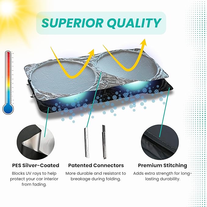 Windshield Sun Shade -Certified 99.87% UVB & 99.02% UVA Car Sun Shade. Award Winning Sunshade - Patented Technology | Compatible for Infiniti QX80 (2014-2024) | Car Shades by Kinder Fluff