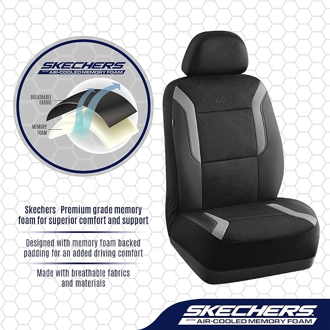 Skechers Memory Foam Car Seat Covers, Air Cool Mesh Thick Seat Covers, Car Seat Full Sets, Airbag Compatible, Automotive Comfort Protection for Most Cars,Vans,Trucks, SUVs,Grey