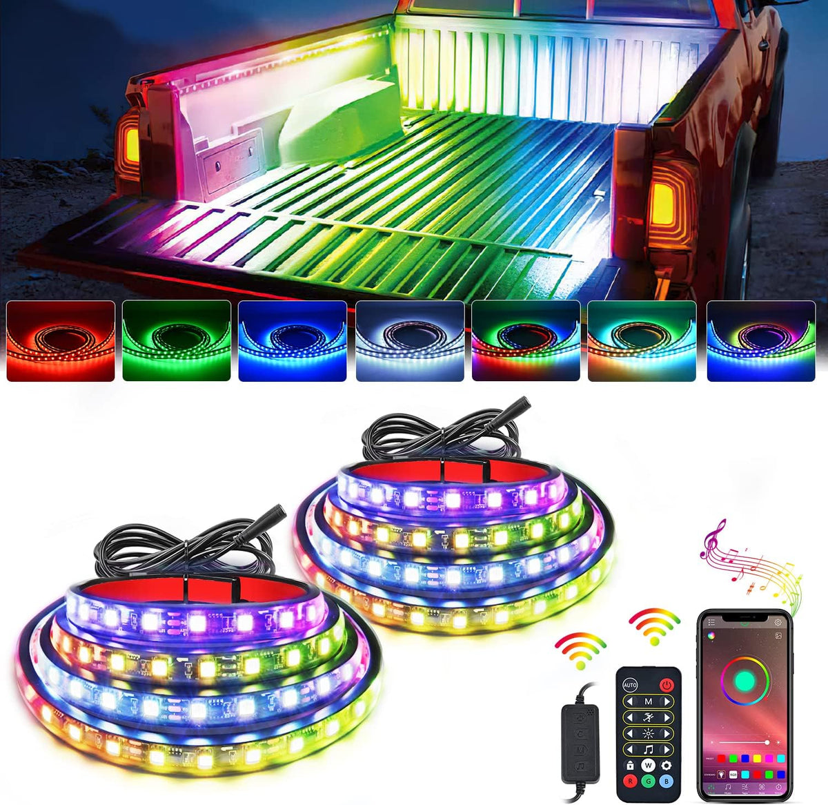 Nilight Truck Bed Light Strip RGB-IC LED Bar for Pickup Multi Dream Color DIY Music Synchronous with APP and RF Remote Control 2PCS 60 inch Cargo Lighting