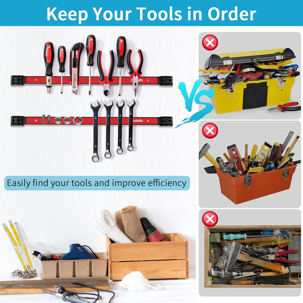 4 Pieces 12" Magnetic Tool Holder Strip, Red Magnet Bar, Metal Tool Organizer Rack for Garage Organization, Easy To Install in Workshop, Mounting Screws Included