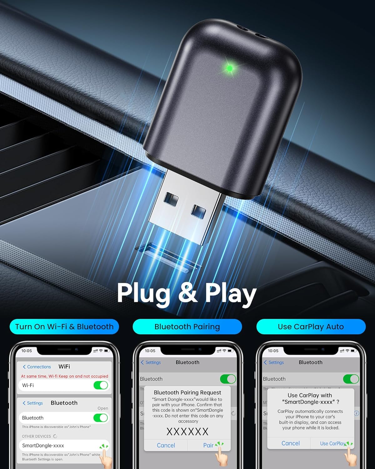 Burnt Sugar Wireless CarPlay Adapter for iPhone 2025 Upgrade, Wired to Wireless Ultra-Mini for Apple Car Play Adapter, WI-FI + Bluetooth Connect Stable Plug & Play for iOS 10+ & Cars from 2016+ (Gray)