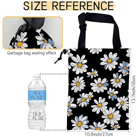 White Daisy Flowers Car Trash Bag, Strap Drawstring Car Garbage Bags,Car Back Seat Organizer with Adjustable Buckle for Car Accessories