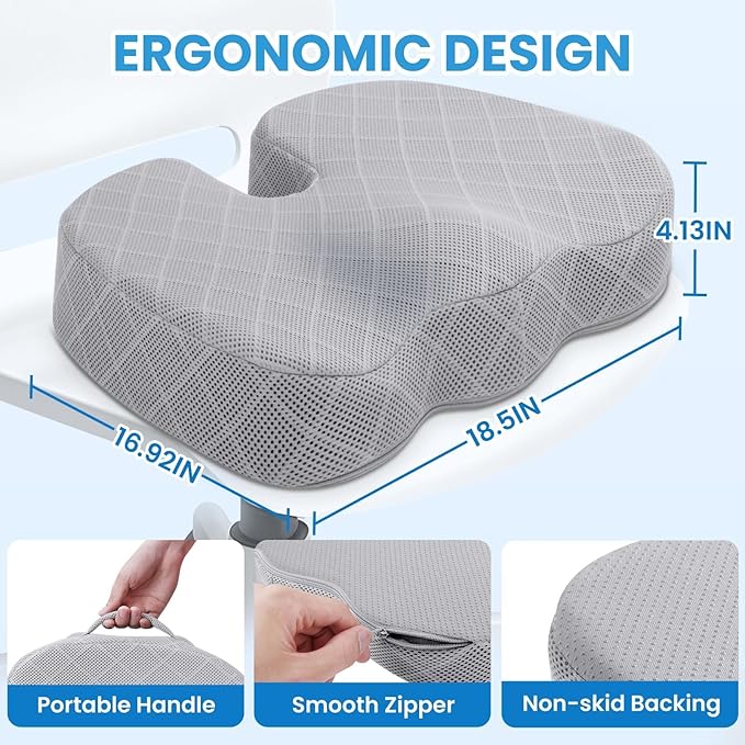 TushGuard Office/Car Seat Cushion, Non-Slip Sciatica & Back Coccyx Tailbone Pain Relief Chair Pad, Memory Foam Butt Pillow for Computer Desk, Wheelchair, Driving (Light Grey, XX-Large)