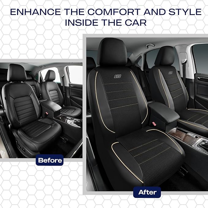 Skechers Air-Cooled Memory Foam Seat Cover, Mesh Thick Car Seat Covers,Piping Leather Car Seat Covers Front Seats, Airbag Compatible, Automotive Comfort for Most Cars, Vans, Trucks, SUV, Beige