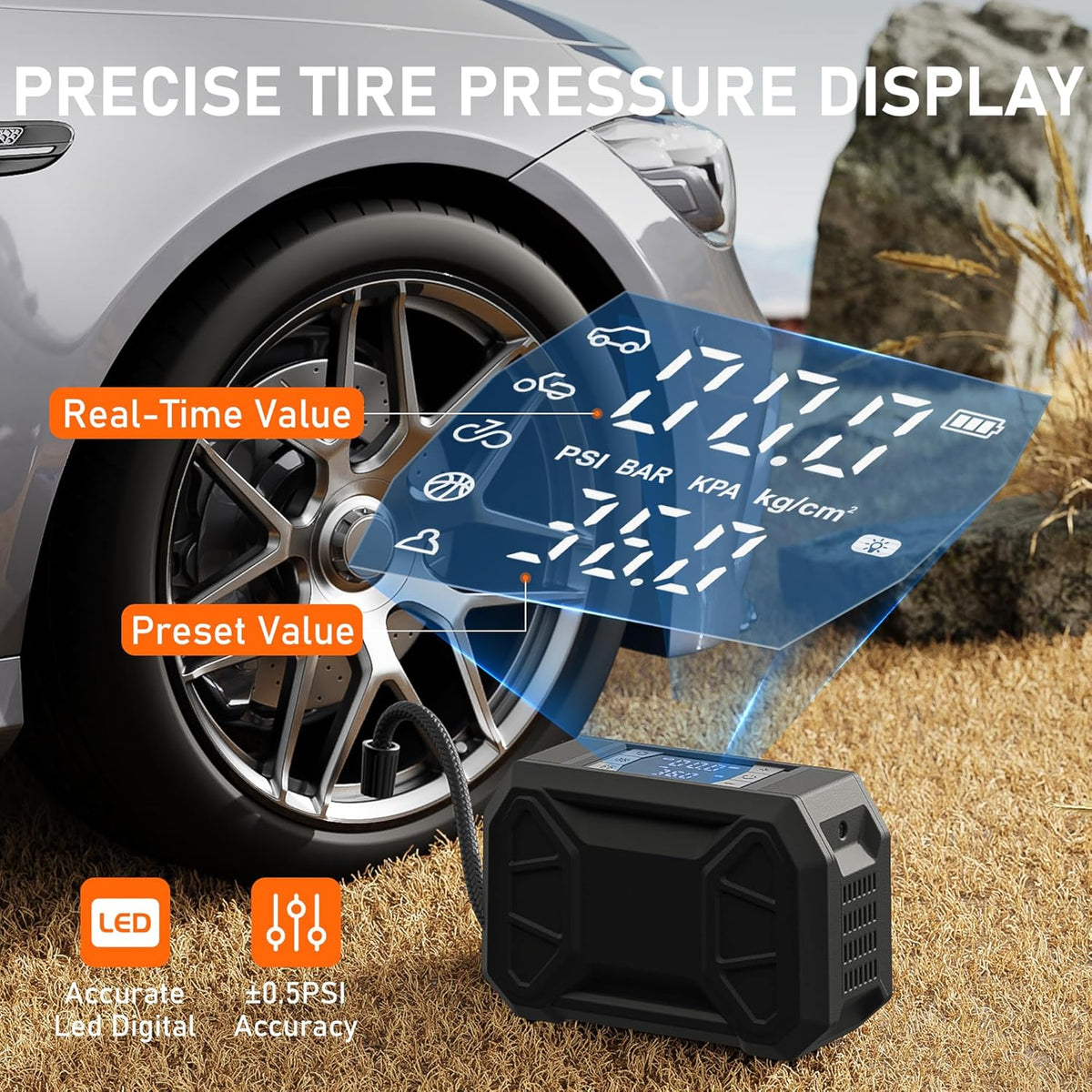 Tire Inflator Portable Air Compressor, 150 PSI Cordless Tire Pump for Car Tire 12V DC Dual Power Battery Tire Inflator Air Pump with Pressure Gauge LED Light for Car, Motorcycle, Bike, Ball