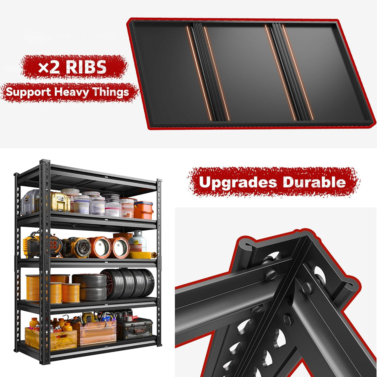 REIBII 72.1" H Garage Shelving 2000LBS Storage Shelves Heavy Duty Metal Shelving 5 Tier Garage Storage Shelves for Commercial Warehouse Pantry Kitchen 72.1" H x 40.1" W x 18.1" D
