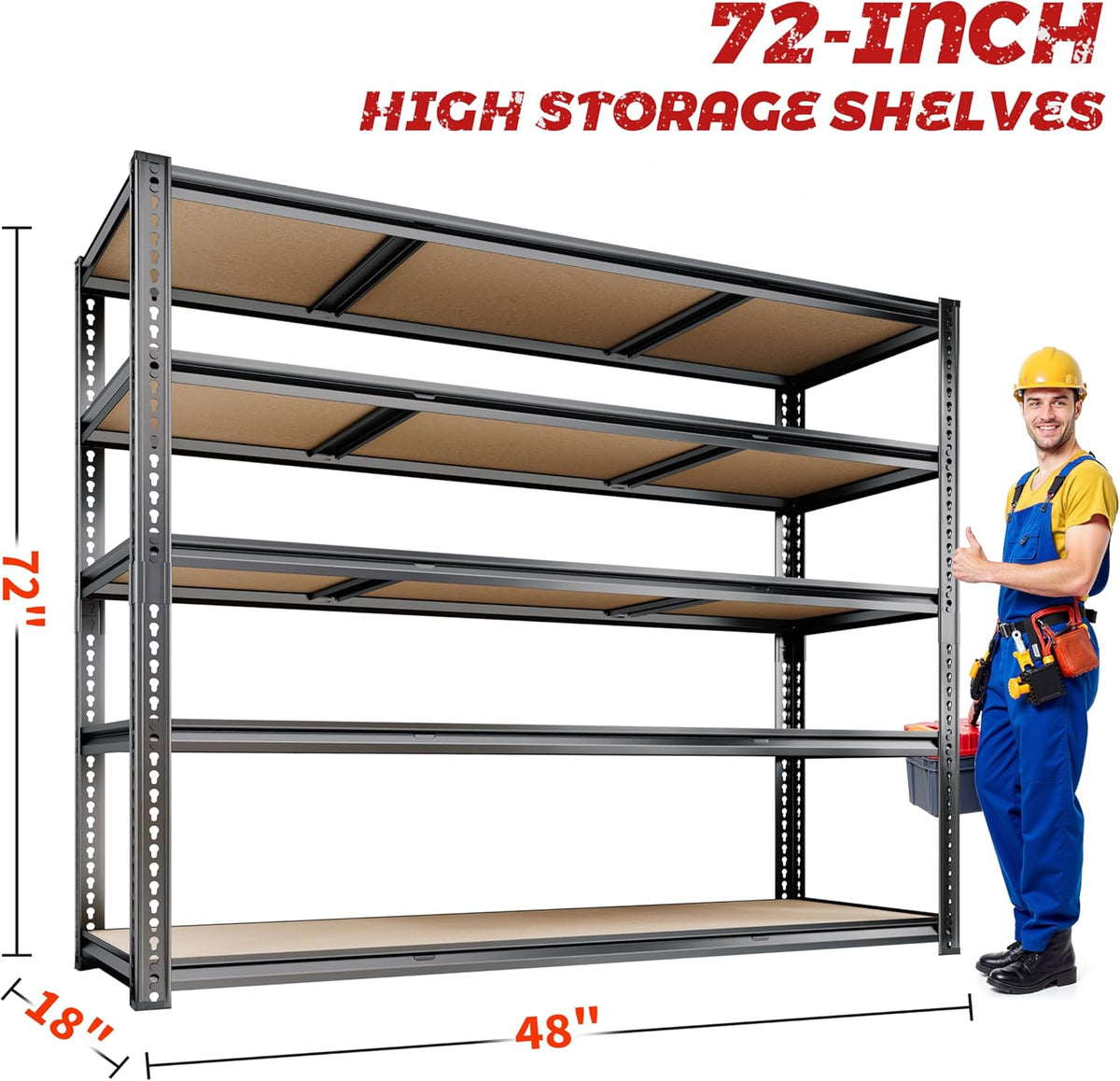 48"W Garage Shelving, 2650LBS Storage Shelves heavy duty, 5 Tier Metal Shelving Unit Adjustable Garage Shelves Heavy Duty Shelving for Warehouse,Commercial, Kitchen, 48" W × 18" D × 72" H, Black