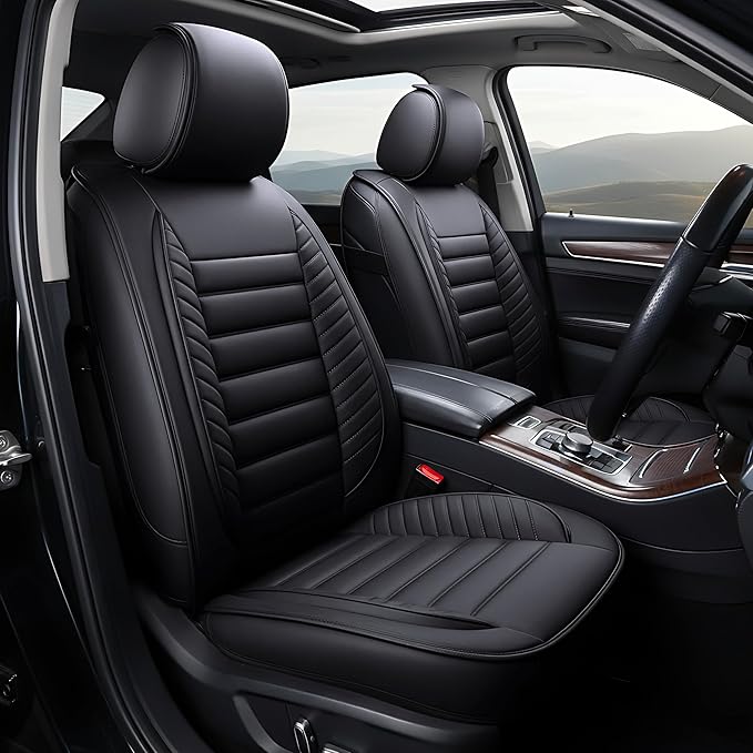 OASIS AUTO Car Seat Covers Front Seats Premium Waterproof Faux Leather Cushion Universal Accessories Fit SUV Truck Sedan Automotive Vehicle Auto Interior Protector (OS-001 Black)