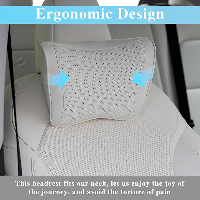 Car Headrest Pillow 100% Memory Foam, Breathable Removable Leather Cover, Premium Seat Support Head Neck Cushion for Driving Travel Home Office, White, 1 Pack