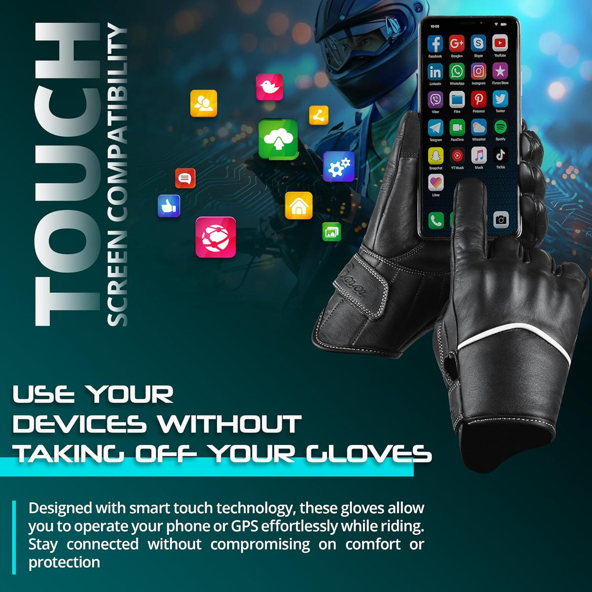 aasportx Motorcycle Gloves - Men's Leather Motorbike Gloves with Touchscreen Function - Non-Slip Pads for Men & Women