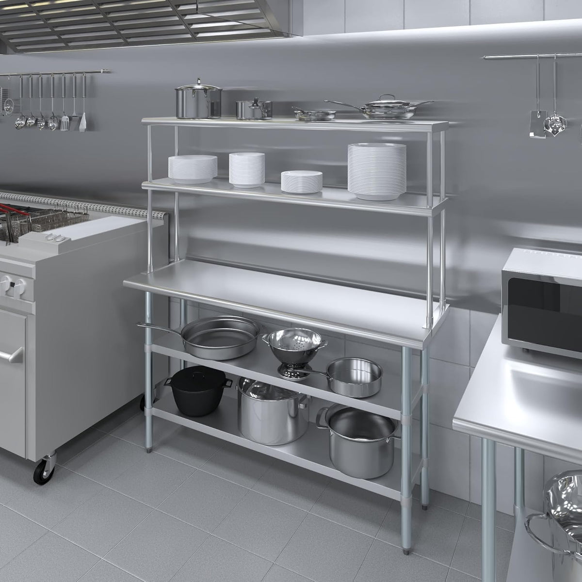 Amgood Stainless Steel Work Table with 2 Shelves | Metal Kitchen Prep Table & Shelving Combo (18" x 60" Table with 2 Shelves + 12" Overshelf)