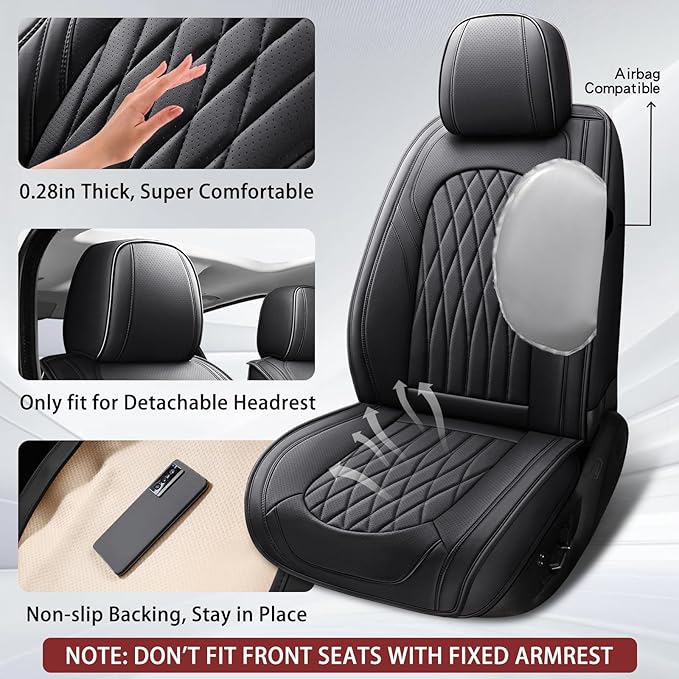 WELLDO Car Seat Covers Full Set, Leather Seat Covers for Cars, Car Seat Protector Waterproof, Non-Slip Car Interior Covers Full Set Universal Automotive Seat Covers for Most Cars SUVs, Black