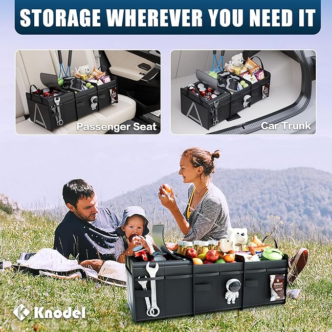 K KNODEL Sturdy Car Trunk Organizer with Premium Insulation Cooler Bag, 3 Compartments Heavy Duty Collapsible for Car, SUV, Truck, or Van (Medium, Black)