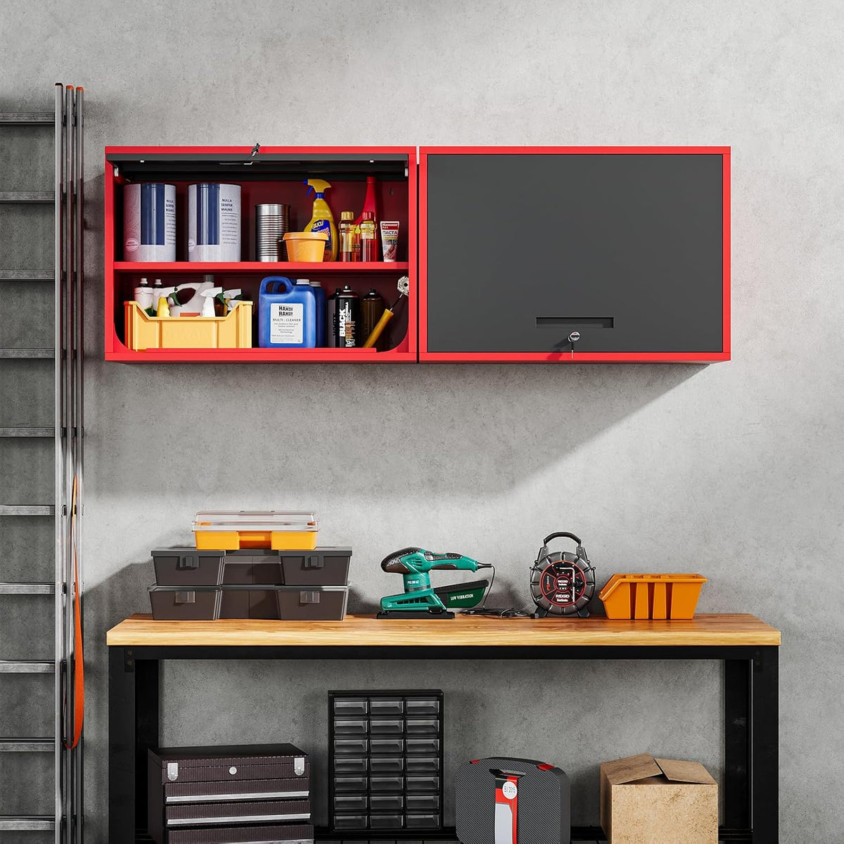 Yizosh Metal Garage Wall Cabinet with Doors and Shelves,Wall Mounted Metal Storage Cabinet, Floating Steel Tool Cabinet for Garage,Basement,Kitchen,Warehouse (Red Black,21.6" H)