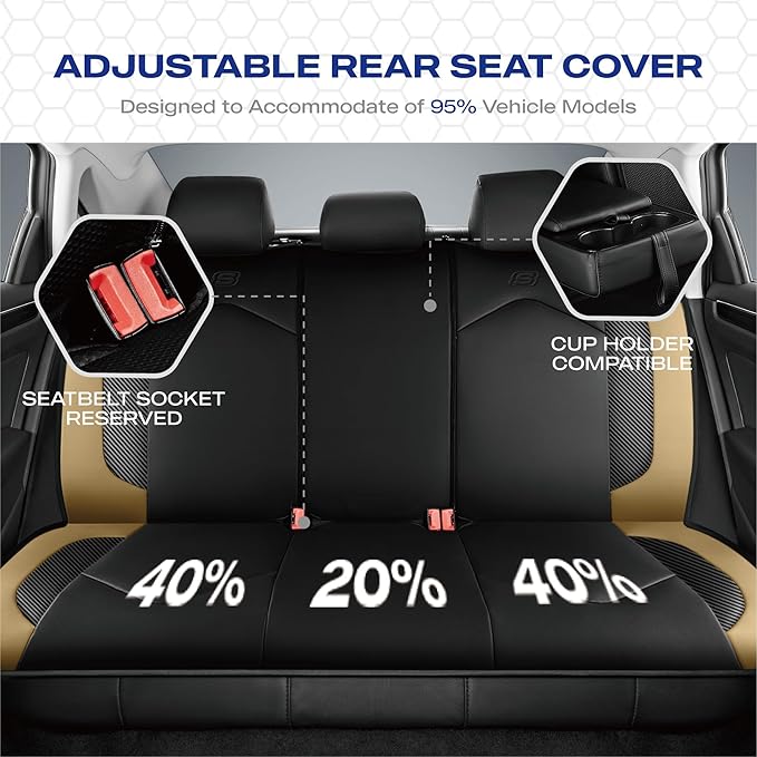 Skechers Memory Foam Car Seat Covers, Leather High Back Seat Covers Quilting Design,Waterproof Sports Car Seat Covers Full Sets,Airbag Compatible, Universal Fit for Most Cars, SUVs,Trucks,Beige