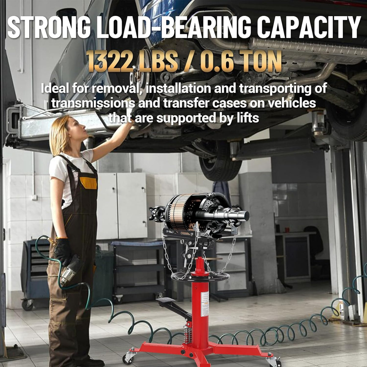 Dual Plunger Hydraulic Transmission Jack 1322lbs Capacity, 33.5"-69" High Lift 2-Stage Hydraulic Telescoping Jack, Trans Jack Stand with 8MM Non-Slip Pad, Foot Pedal & Swivel Wheel, Red