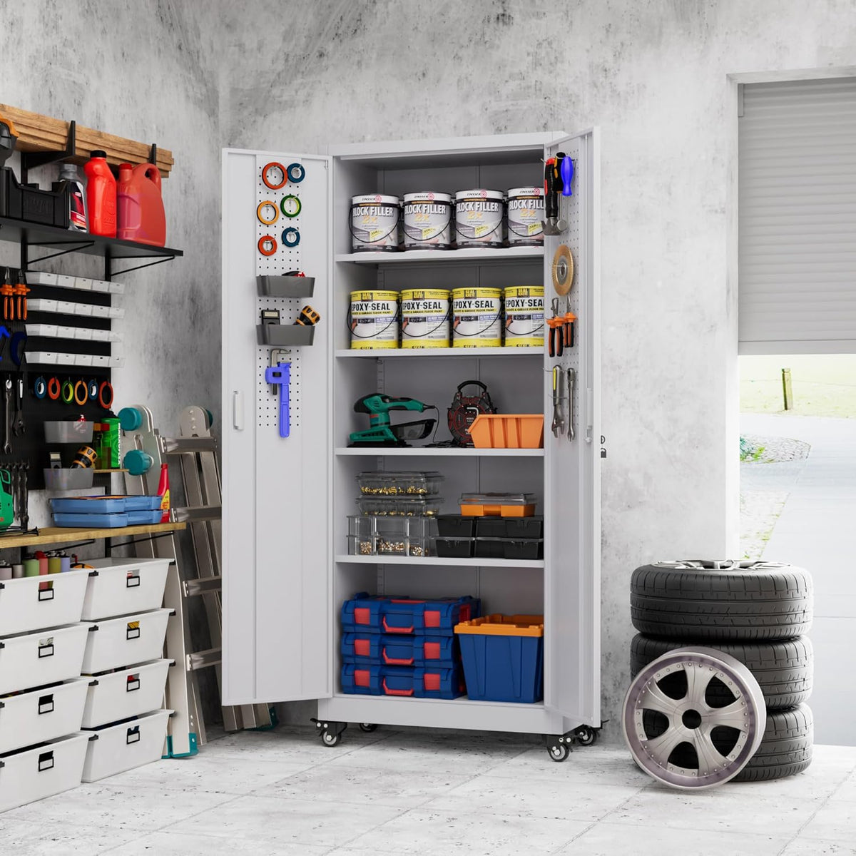 Garage Storage Cabinet with with Pegboard and Wheels,73" Metal Lockable File Cabinet with 2 Doors and 4 Adjustable Shelves,Tool Storage,Home Office Garage,Gym,School (White)