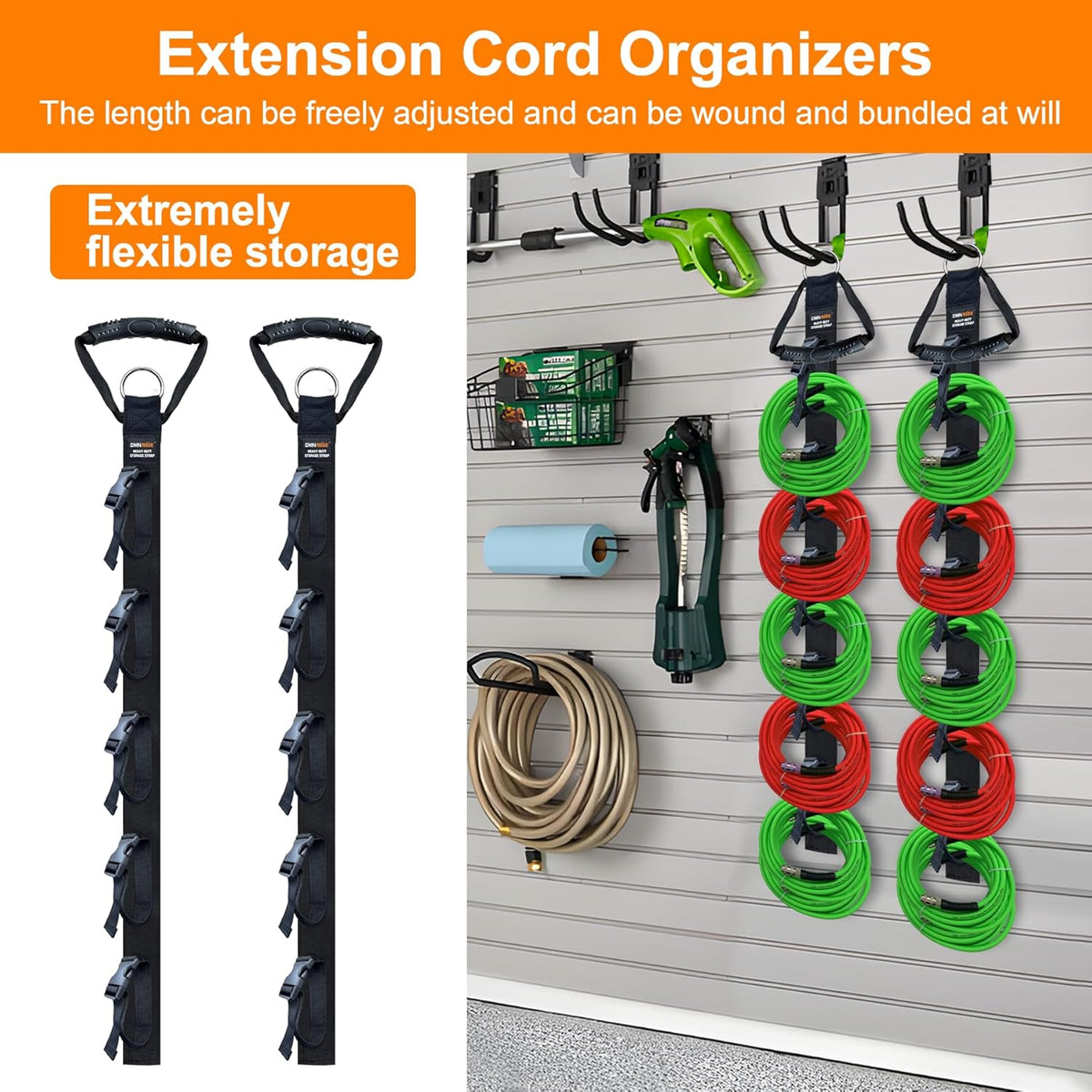 Extension Cord Organizer, 2 PCS Extension Cord Hanger with 5 Slots, Extension Cord Holder, Garage Garden Storage Straps for Cable, Hose, Rope, Tool