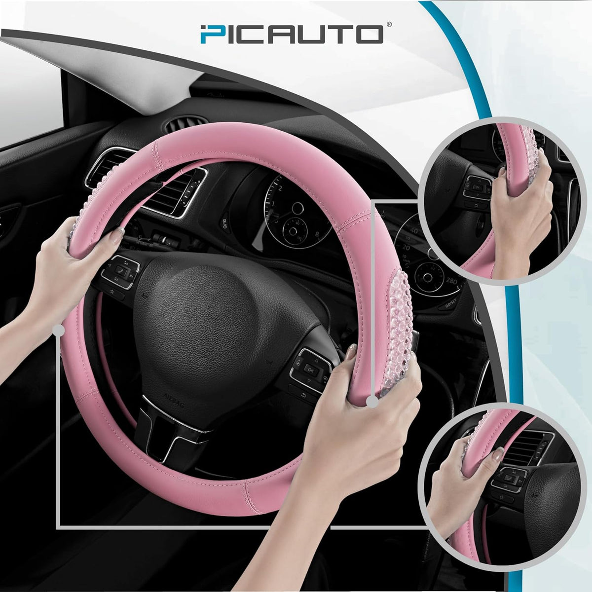 PIC AUTO Gel Particles Steering Wheel Cover, Pink Luxury Leather Car Steering Wheel Protector, Universal Fit 14.5"-15.5" Anti-Slip Car Interior Accessories for Girls & Women