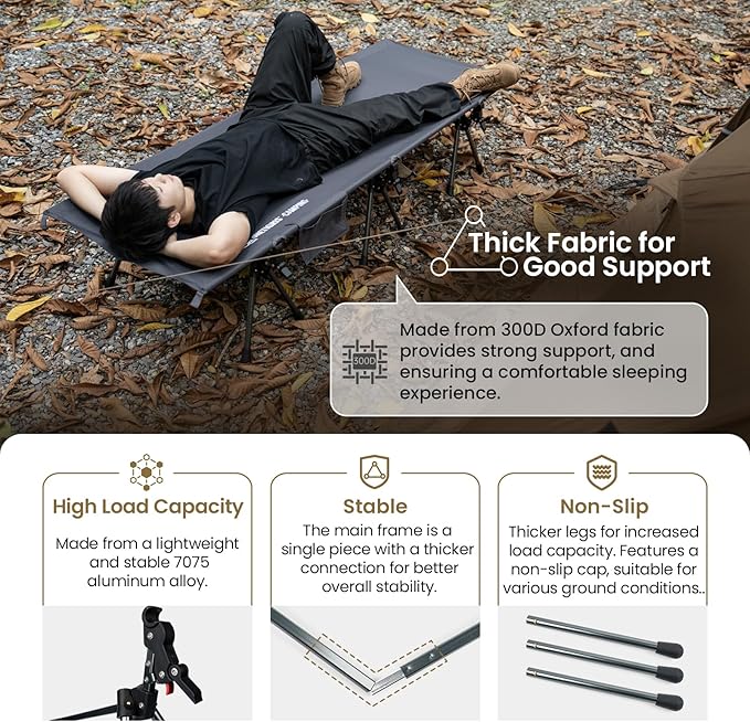ONETIGRIS SUPRANUBIS Camping Cot, Height Adjustable with Cot Leg Extenders, Strong Support 330lbs, Lightweight Comfortable Folding Bed for Camping, Hiking, Travel, Truck, Beach, Office Nap
