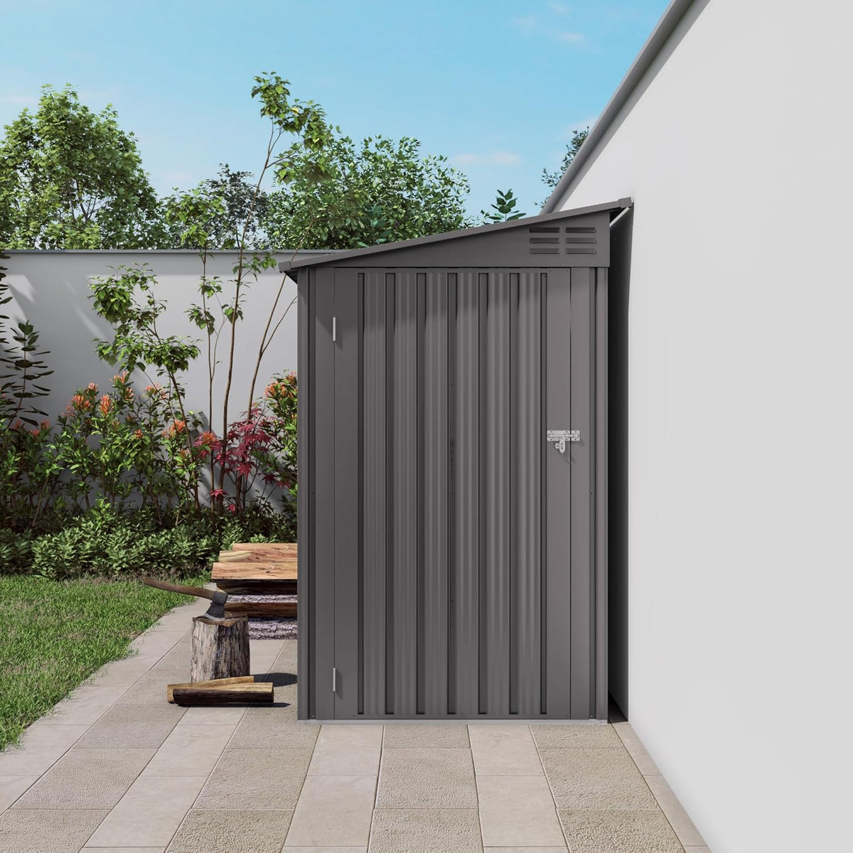 4 x 9 FT Lean to Shed with Windows, Metal Sheds & Outdoor Storage with 2 Vents and 1 Side Open Door, Outdoor Storage Shed Waterproof for Backyard, Garden, Patio, Gray