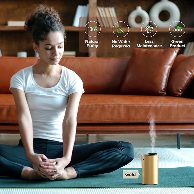 Waterless Essential Oil Diffuser Starter Kit with 30mL Hotel Scent Fragrance Oil Inspired by Ritz-C., Battery Operated Premium Portable Mini Scent Air Machine for Home Car Office, Gold ANX