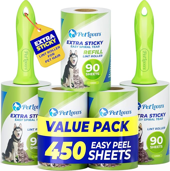 PetLovers Extra Sticky Lint Roller Mega Value Set 450 Sheets for Pet Hair Removal and Clothes, Dog and Cat Lint Remover 5 Pack Green