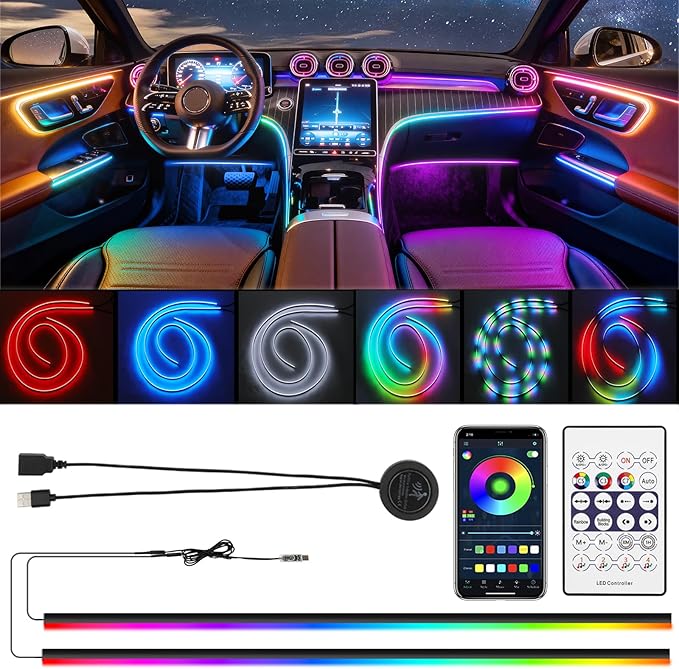 Interior Car LED Strip Lights, Acrylic LEDs Lights for Car with Dynamic Dreamcolor Chasing, Ambient Lighting Kits Music Sync Wireless APP and RF Remote Control (55.12inch*2)