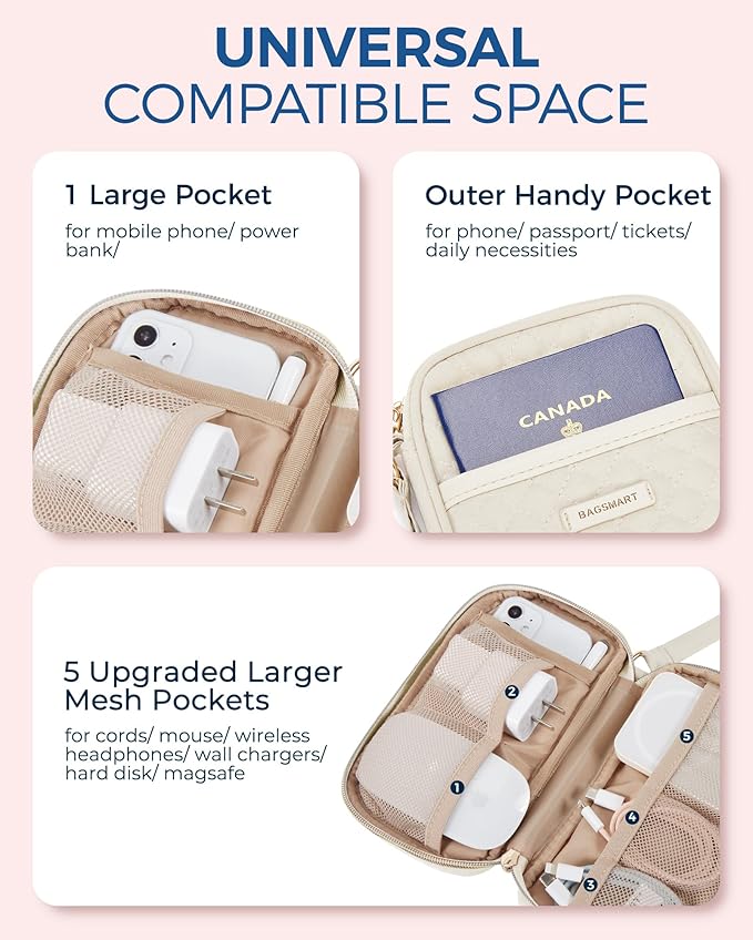 BAGSMART Cord Organizer Travel Cable Organizer Bag Tech Electronic Organizer Travel Case, Travel Essentials for Charger, Cable, Phone, Flash drive, Single Layer - Beige