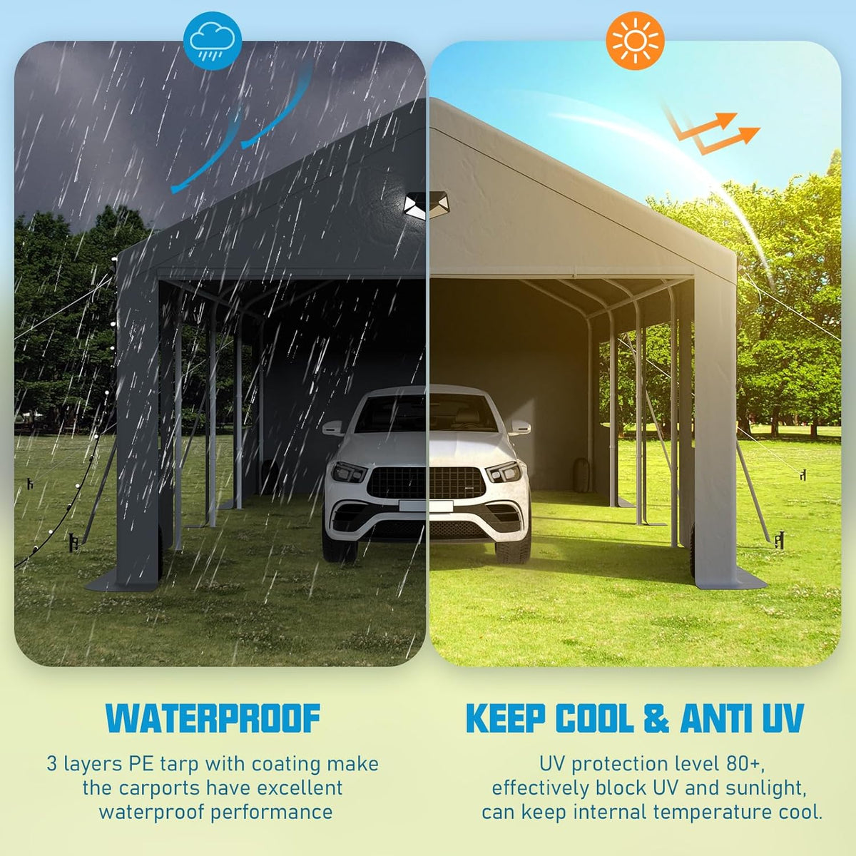 12x20 Carport, Heavy Duty Carport Canopy Garage with Removable Sidewalls and Drive Through Roll Up Zipper Doors & Side Doors, Grey