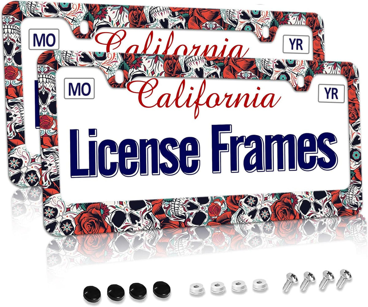 Stainless Steel Sugar Skull License Plate Frame Skull License Plate Holder Sugar Skull Car Accessories Day of The Dead Frame Witchy License Plate Frame for Women 12.3" X 6.3"