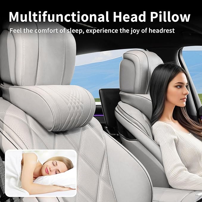 Car Headrest Memory Foam Neck Pillow for Driving with Leather Cover Soft Comfortable Seat Head Pillow Cushion for Most Cars SUV Sedan Home Office Off-White (Beige) (2PC)