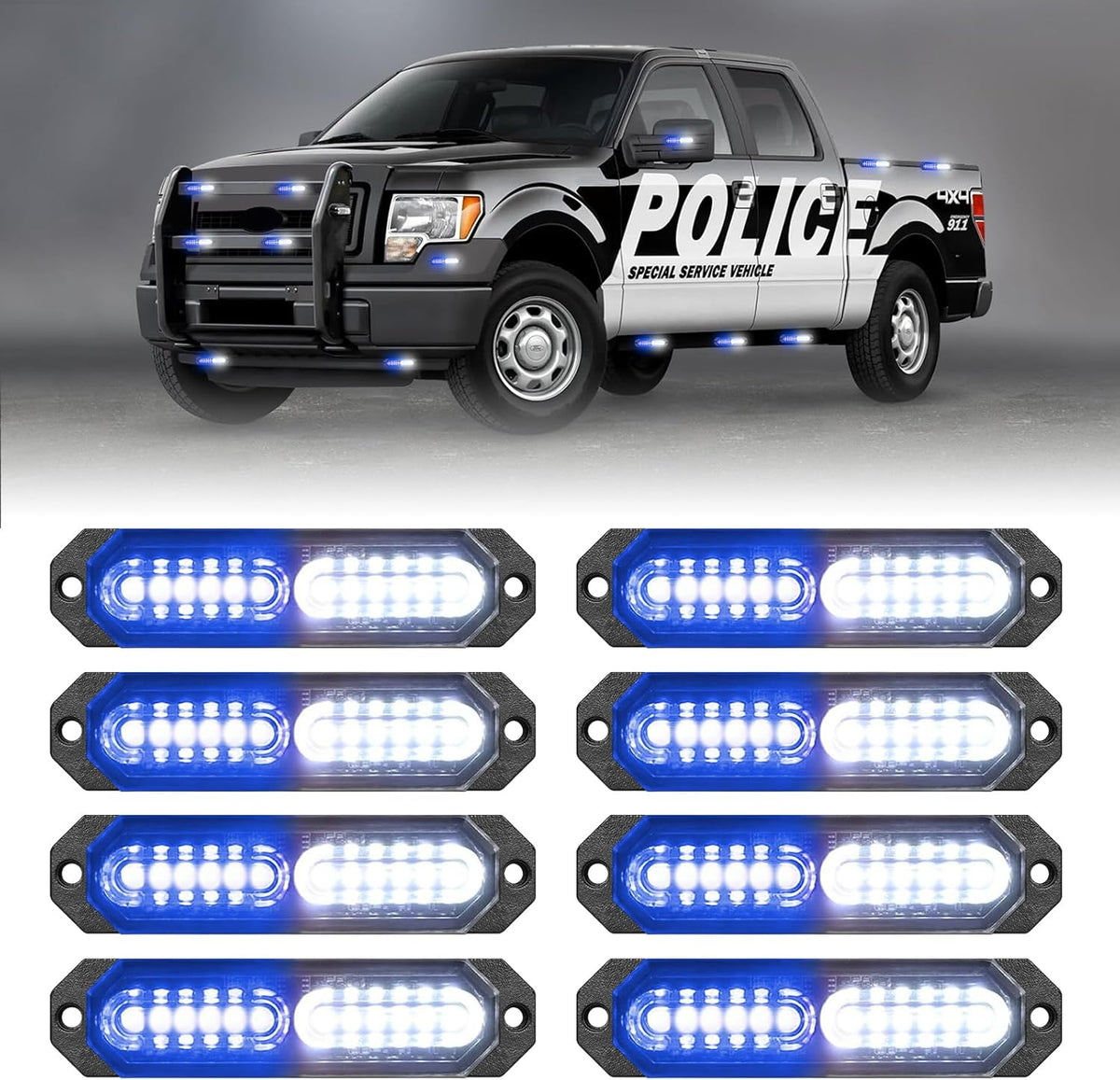 HLauto 1200T Emergency Strobe Grille Lights: 8pcs 12 LED Sync Feature Safety Warning Flashing Lights, Ultra Slim Surface Mount Hazard Caution Lights for Trucks, Vehicles, Car, ATV, UTV (Blue White)
