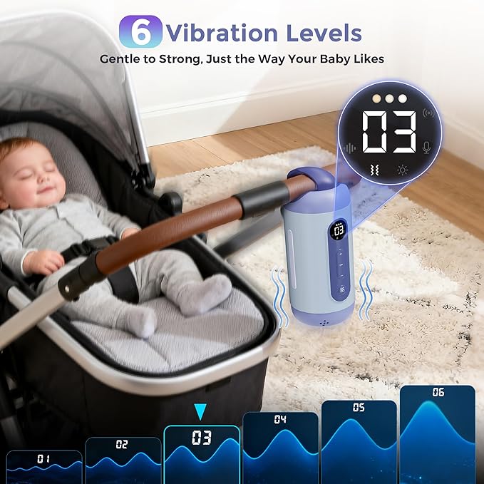 Rechargeable Hands-Free Baby Rocker & Sleep Soother – Portable Vibration Device with 6 Levels, 21 Melodies & Smart Sensor – Fits Most Strollers, Car Seats & Baby Gear, Travel Essential for Newborns