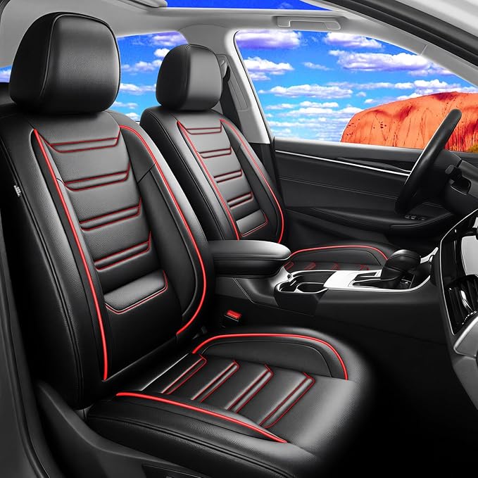 Fit Mazda 6 Car Seat Covers for Select Mazda 6 2007-2021 - Premium Full Coverage Leather, Airbag Compatible, Luxury Waterproof All Weather Breathable Seat Cushion Protector, Full Set, Red Trim